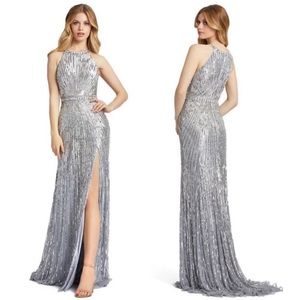 Mac Duggal Sequined High Neck Halter Neck Gown Dress 4963 Platinum Size 2 NWOT